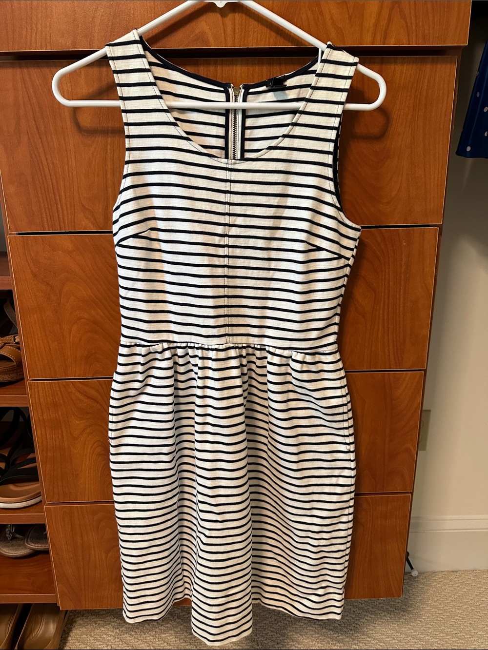 J. Crew Navy and White Striped Sleeveless Fit-and-Flare Dress